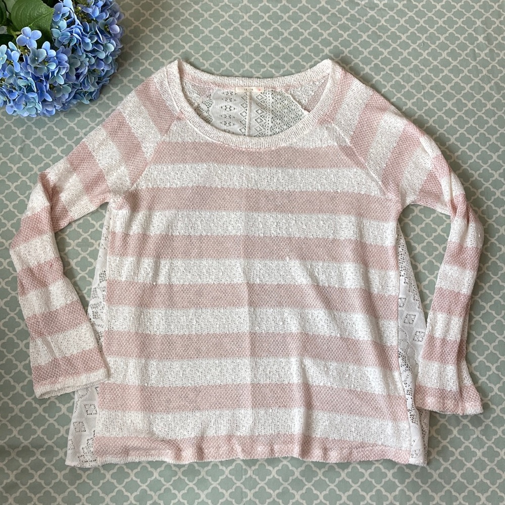 Le Lis Stripe Crewneck Sweater Lace Blouse L